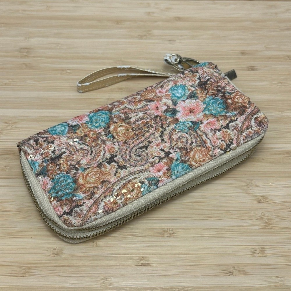 Boho Paisley Sequin Double Zip Floral Tapestry Wristlet‎ Wallet Grandmacore